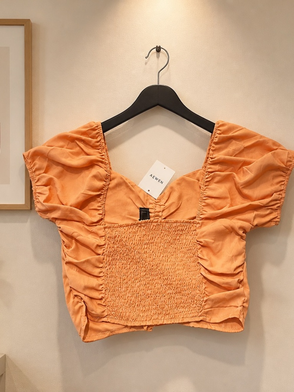 Forever 21 Peach Orange Smocked Puff-Sleeve Crop Top